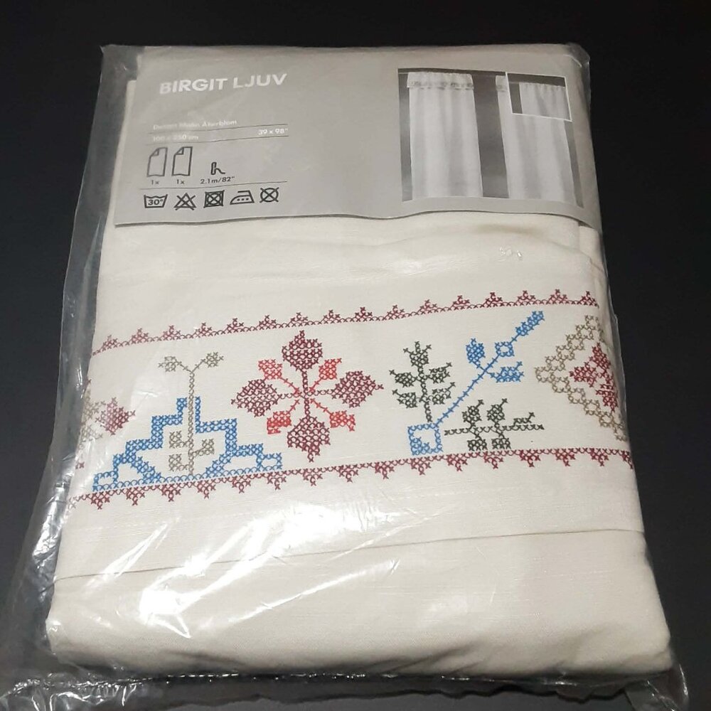 Discontinued IKEA Birgit Ljuv Fabric Curtain Panel Set 39" x 98" Embroidered NEW
